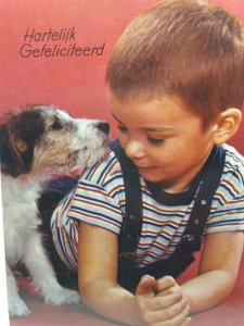 Little Boy With Elderly Jack Russell Dog Vintage Greetings Postcard