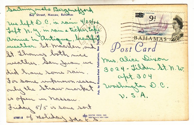 P1967 1966 postcard bay street scene old cars etc nassau bahamas queen stamp