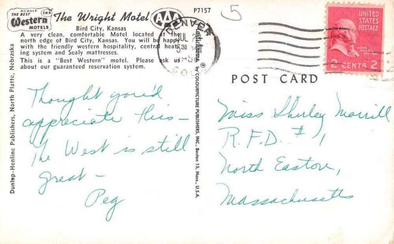 Bird City Kansas The Wright Motel Vintage Postcard AA8457