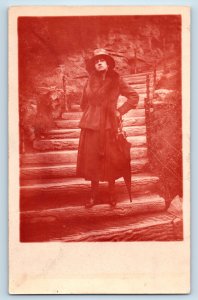 RPPC Lady With Hat Mink Fur Stole And Umbrella Real Photo Postcard