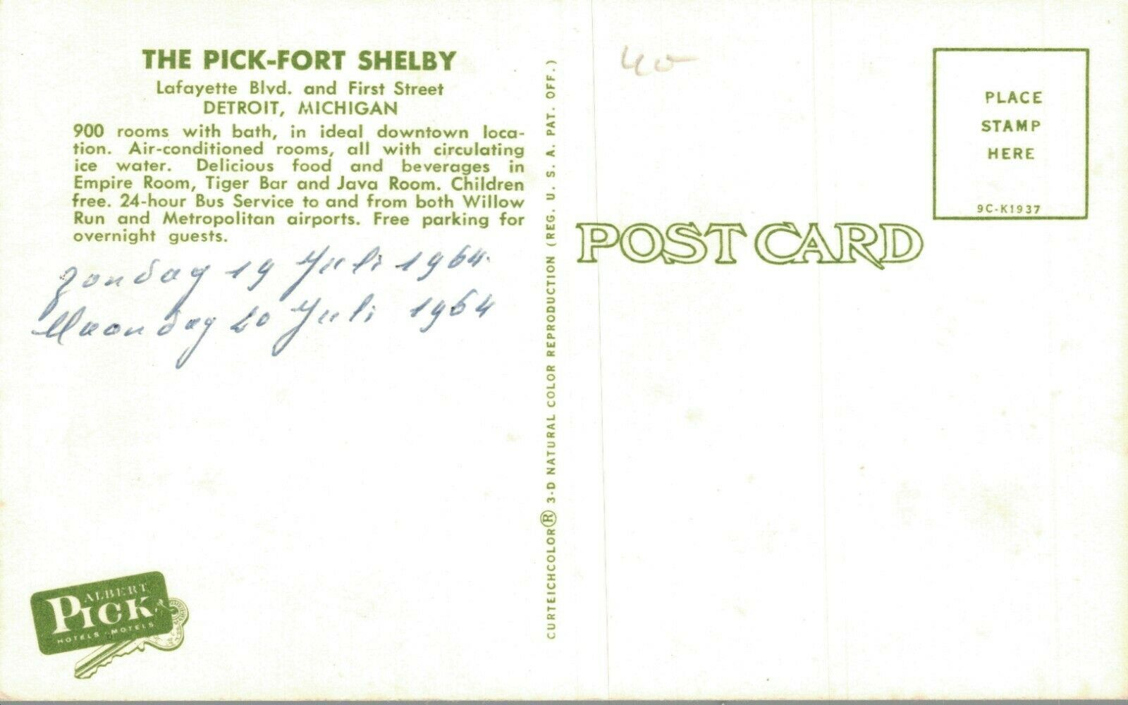 Vintage Postcard HOTEL Michigan   9C-K1937 Detroit The Pick-Fort Shelby 