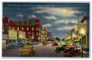 c1940 Newcastle Street Looking North At Night Brunswick Georgia GA Cars Postcard