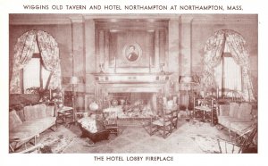 Vintage Postcard Wiggins Old Tavern Hotel Northampton Lobby Fireplace Mass.