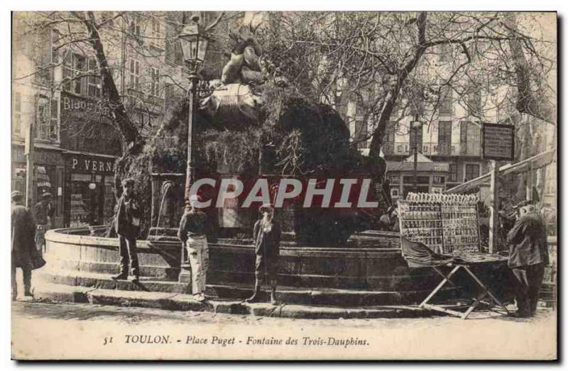 Old Postcard Trading Cards Place Puget Toulon Fountain of Three Dolphins TOP