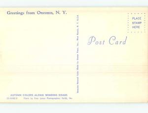 Unused 1950's GREETINGS FROM - ROAD THRU AUTUMN TREES Oneonta New York NY Q8554