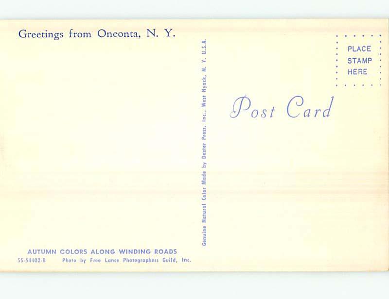 Unused 1950's GREETINGS FROM - ROAD THRU AUTUMN TREES Oneonta New York NY Q8554