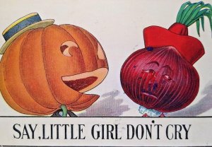 Halloween Postcard Fantasy Anthropomorphic Pumpkin Goblin Man Onion Face Women
