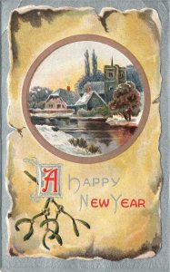 Vintage Postcard A Happy New Year Landscape Background Holiday Greeting Card