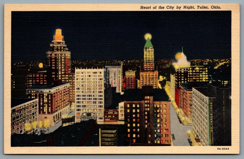 Postcard Tulsa OK c1938 Heart of the City by Night Ritz Hotel Night View Linen