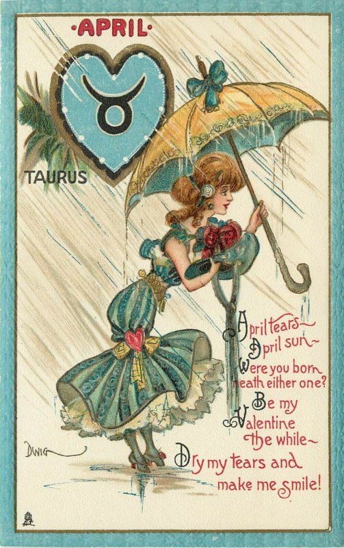 Tuck Zodiac Valentine Postcard 128 A/S Dwig April Taurus Girl w/ Umbrella, Rain