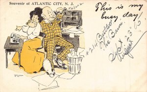 ATLANTIC CITY SOUVENIR~THIS IS MY BUSY DAY-BOSS HUGS WOMAN~1905 COMIC POSTCARD
