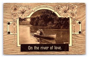 Postcard On The River Of Love c1911 Postmark Romantic Couple In Canoe