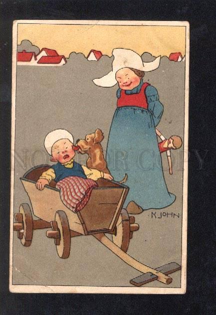 029607 Girl w/ DOLL & Dog. Artist JOHN. Old ART DECO