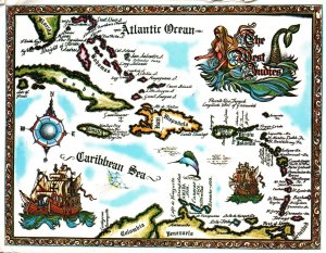 VINTAGE POSTCARD MAP OF THE WEST INDIES CARIBBEAN MAILED FROM DOMINICAN REPUBLIC