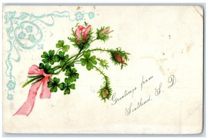 1909 Greetings From Flowers Four Leaf Scotland South Dakota SD Vintage Postcard