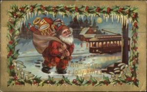 Christmas - Santa Claus Trolley Moonlight c1910 Postcard