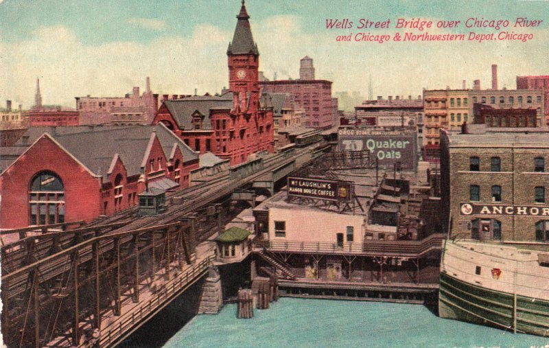 13157 Chicago Casket Ad, Wells Street Bridge, Chicago & Northwestern Depot 1312