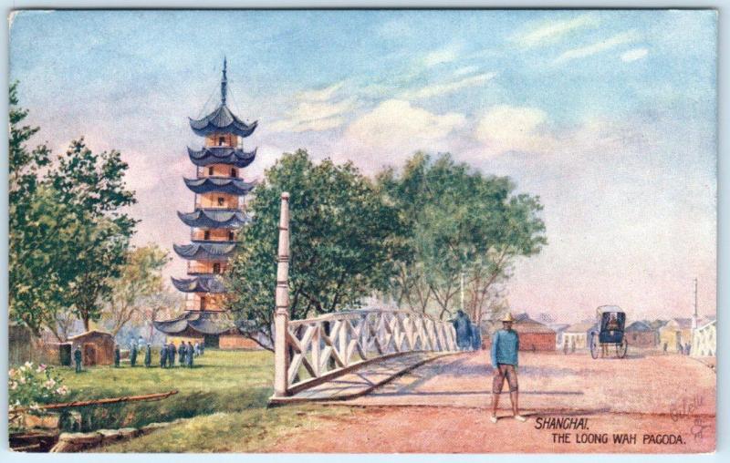 SHANGHAI, CHINA  Tuck Oilette  LOONG WAH PAGODA Street Scene  c1910s Postcard