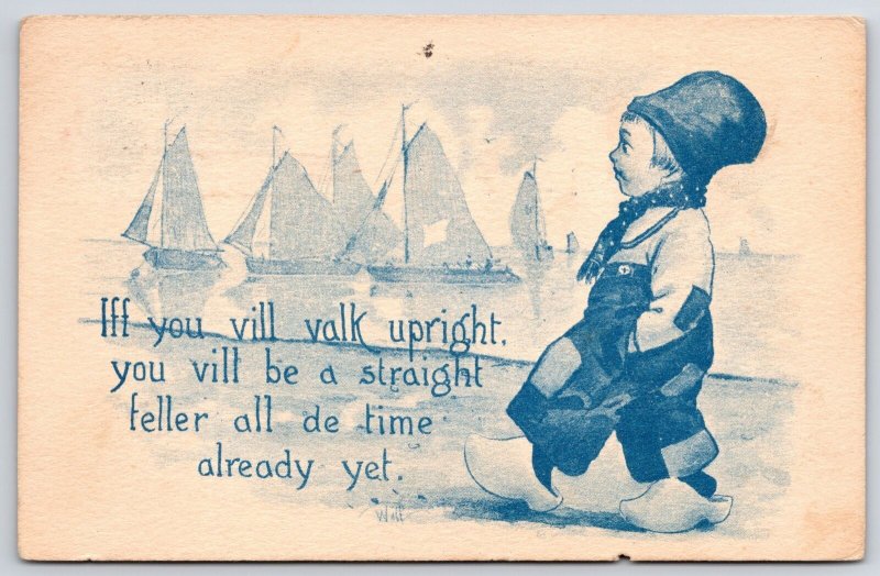 1915 If You Will Walk Upright Cute Boy Walking At Beach Sailboat Posted Postcard