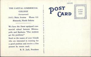 Bismarck ND Capital Commercial College Linen Postcard