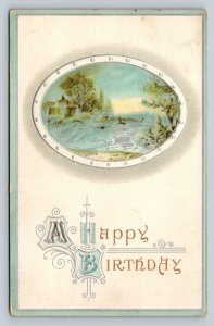 Pretty Country Scene Birthday Wishes Silver Tint Embossed Vintage Postcard 1088