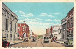 Centralia Illinois Broadway, Looking West Drug Store & Bank Vintage PC U2816