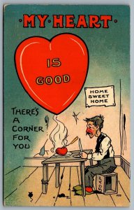 Postcard 1909 Valentines My Heart Is Good Large Heart Man Sitting Alone at Table