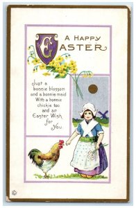 c1910's Easter Flowers Dutch Woman Rooster Chicken Embossed Antique Postcard