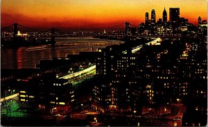 New York City Night Looking S Manhatttan Brooklyn Bridge Skyline Postcard VTG NY 