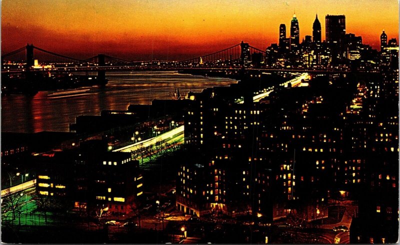 New York City Night Looking S Manhatttan Brooklyn Bridge Skyline Postcard VTG NY 