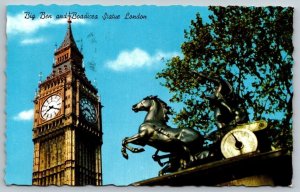 Big Ben and Boadicea Statue - London, England - 1966 - Postcard