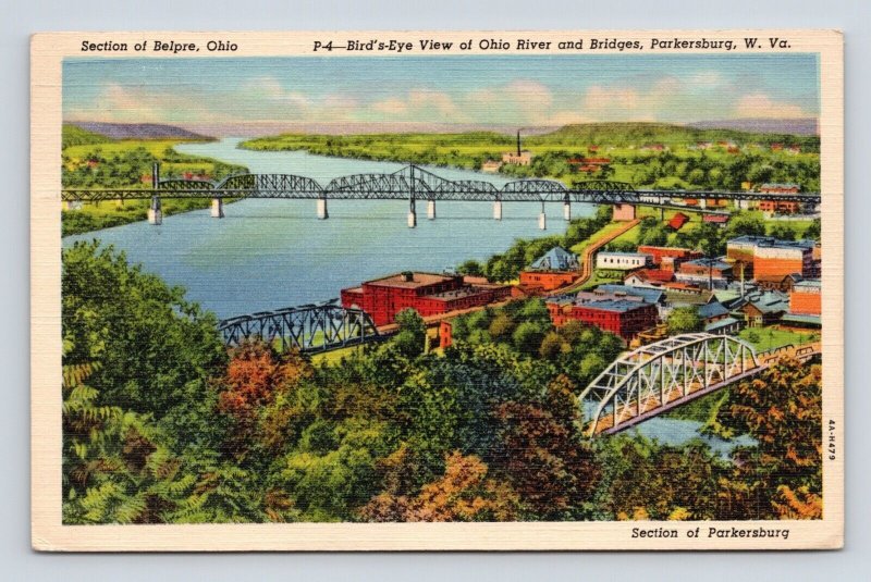 Birds Eye View Ohio River Bridges Parkersburg West Virginia WV Linen Postcard O2