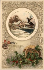Christmas Home & Windmill Art Nouveau Winsch c1910 Antique Postcard