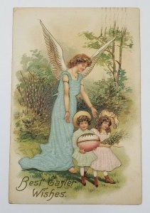 1910 Easter Wishes Embossed Silk Angel Children Egg Samuel Langdorf & Co C2
