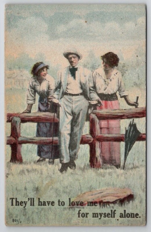 Romance Man With Empty Pockets And Two Ladies Love Me Myself Alone Postcard B40