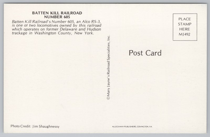Transportation~Batten Kill Railroad 605~Vintage Postcard