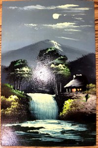 Hand Painted Japanese Postcard Night Scene Mt. Fuji Waterfall Hut