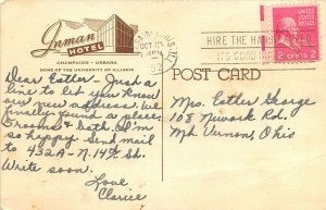 Champaign Illinois 1952 Postcard Inman Hotel