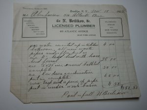 1922 N. Beilikou Licensed Plumber Brooklyn New York Repairs & Tub Letterhead