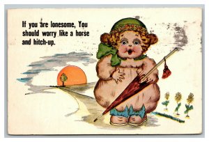 Vintage 1915 Comic Postcard Cute Child on Road - Worry Like a Horse & Hitch Up
