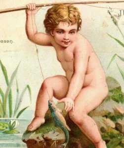 1880s Embossed Julius Saul Christmas Card Cherub  Fishing Water Lilies #5E