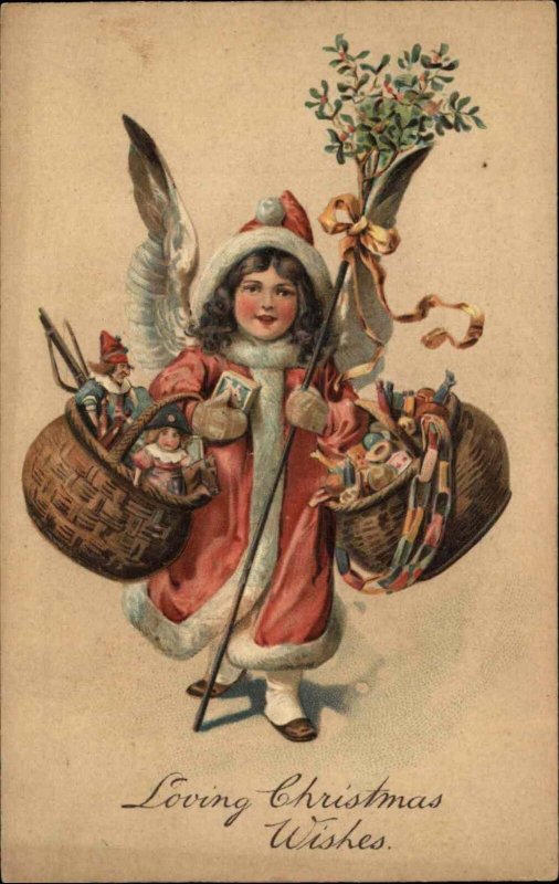 PFB 7882 Christmas Little Girl Angel Baskets of Toys c1910 Vintage Postcard