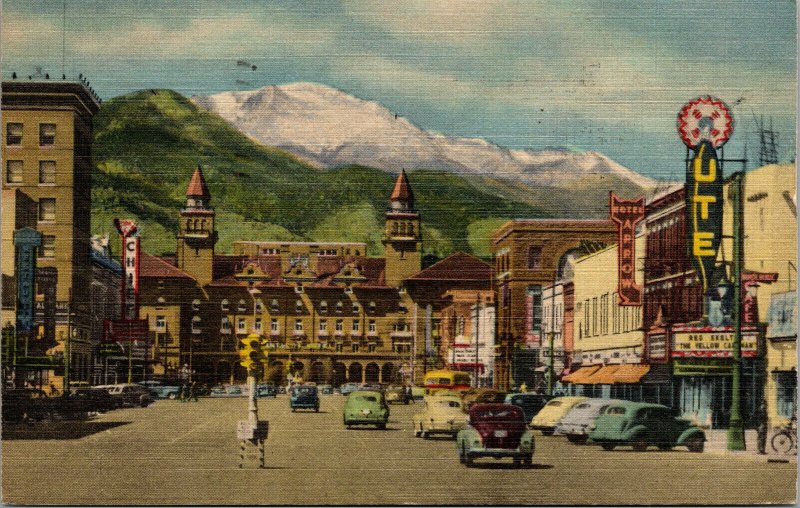 Vtg Pikes Peak From Pike Avenue Antlers Hotel Colorado Springs CO Linen Postcard