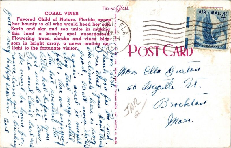 Coral Vines Child Nature Florida Postcard PM Miami FL Cancel WOB Note Tichnor 4c 