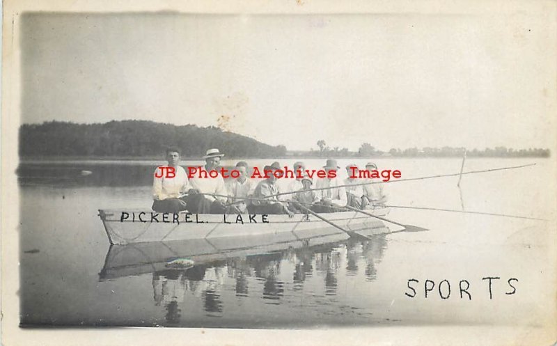2 Postcards, Pickerel Lake, Iowa, RPPC, Boys & Men in Row Boat
