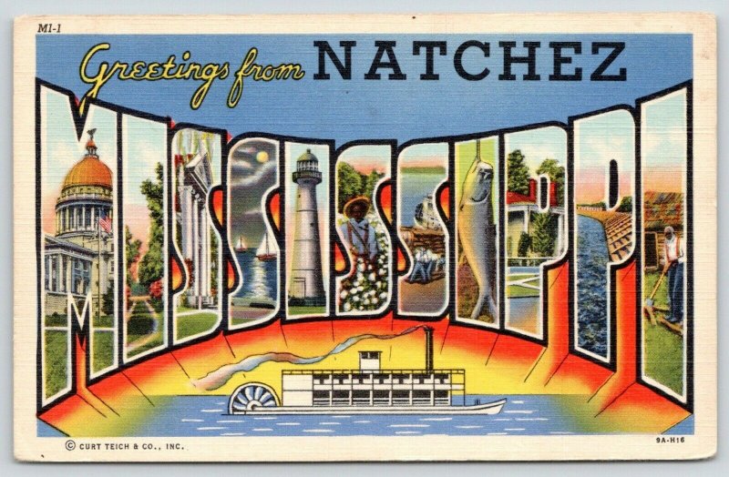 Natchez Mississippi~State Large Letter Linen Postcard~Sternwheeler Paddle Boat