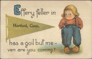 Hartford CT Little Dutch Boy Pennant Comic Greeting c1915 Postcard