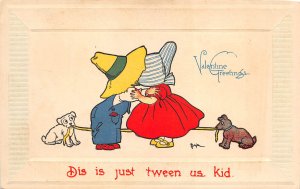 Valentine Greetings 1920s Artist Signed Postcard Boy Girl Kiss Dogs 