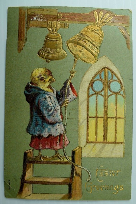 C.1910 Anthropomorphic Chicken, Easter, Ringing Bells Postcard P76