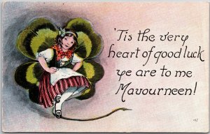 This is The Very Heart Of Good Luck Girl In Green Clover Leaf Greetings Postcard